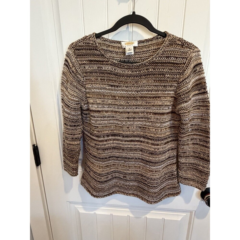 Talbots Petites Sweater Womens M Brown Cotton Marled Open Knit 3/4 Sleeve